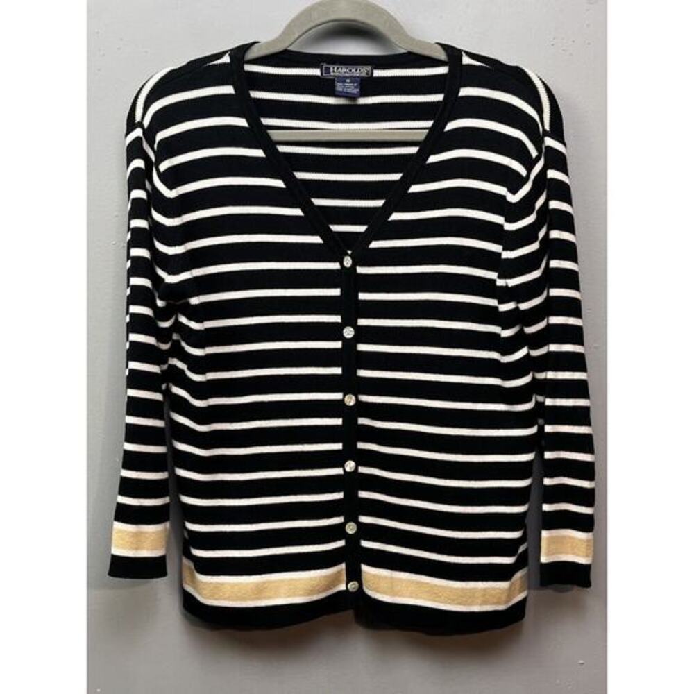 Vintage Harold's Cardigan Sweater‎ Womens Medium Black Tan 3/4 Sleeve Button Up